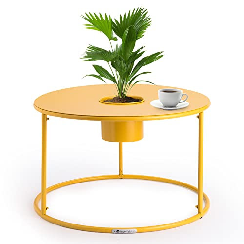 blumfeldt Beistelltisch Gelb mit Blumentopf, Kleiner Metall-Beistelltisch Rund, Mini Beistelltisch fürs Wohnzimmer, Moderner Sofatisch, Beistelltisch Klein, Couch-Tisch mit Abnehmbarem Pflanzentopf