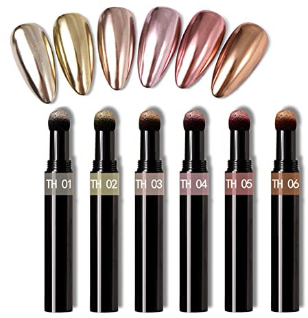 RoseFlower Lot de 6 stylos à poudre chromés métallisés à coussin d'air, Poudre holographique à paillettes pour ongles effet miroir, Poudre Ongle d'or rose Brillant Ongles Glitter Pour DIY Nail Art