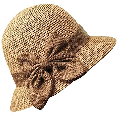 JIHUOO Straw Cloche Hat Summer Bowler Hat Sun Church Hat 1920s Vintage Bucket Hat Foldable Beach Hat with Bow for Women Khaki