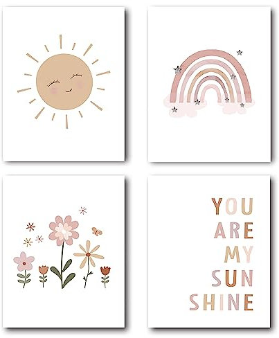 XWELLDAN Boho-Poster, Motiv: Regenbogen-Sonnenwolke, Blume, You Are My Sunshine, Wandkunstdruck, Boho-Geschenke für Mädchen, Bohemian-Wanddekoration für Baby-Mädchenzimmer, 20,3 x 25,4 cm, Set mit 4