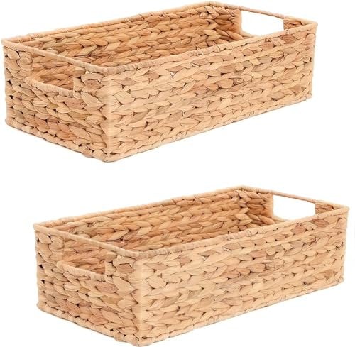 Amber Home Lot de 2 Panier de Rangement en Osier pour Papier Toilette, Panier en Tissés pour Organisateur, Panier de Rangement en Jacinthe D'eau Naturelle pour Salle de Bain et Cuisine avec Poignée