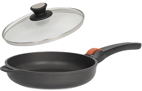 SKK große 2-tlg. Gusspfanne Ø 28 cm mit hohem Rand - Induktion - beschichtete Pfanne Stiel abnehmbar & Deckel mit Edelstahlrand - Made in Germany