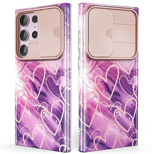 SHEDEER for Samsung S23 Ultra Case with Slide Camera Cover, Samsung Galaxy S23 Ultra Case Slim Fit Shockproof, Glossy Fade-Resistant Pattern Design Phone Cover (Purple)