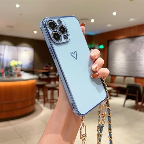Emlivi iPhone Xr Hülle Mit Band Gold Liebesherz, Handykette Mädchen TPU Silikon Kordel Zum Umhängen Slim Stoßfest Kratzfeste Süße Schutzhülle, Hellblau