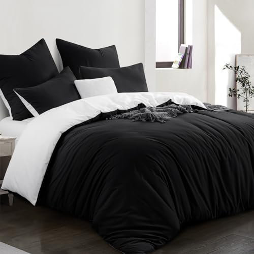 Aisbo Bettwäsche 220x240 3teilig Schwarz Weiß - Oeko-TEX Wendebettwäsche 220x240cm 3tlg mit Reißverschluss, zweifarbige Bettbezug aus weich Mikrofaser mit Kissenbezüge