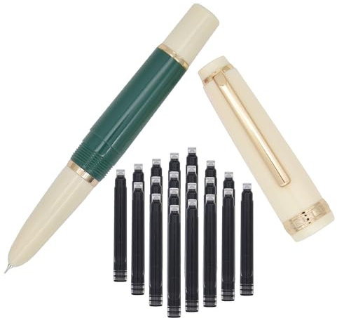 SIPLIV Jinhao 82 Mini Plastics Fountain Pen, Short Paragraph Pocket Travel Pen with Ink Converter and 20 Black Ink Cartridges - Extra Fine Hooded Nib, Army Green