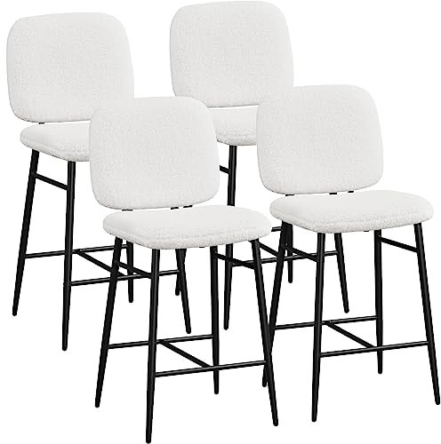 Yaheetech Lot de 4 Tabourets de Bar Rembourrés Siège en Tissu Bouclette Chaises de Bar Dossier Repose-Pied Tabourets Hauts de Cuisine à Quatre Pieds Métalliques pour Comptoir Salle à Manger Blanc