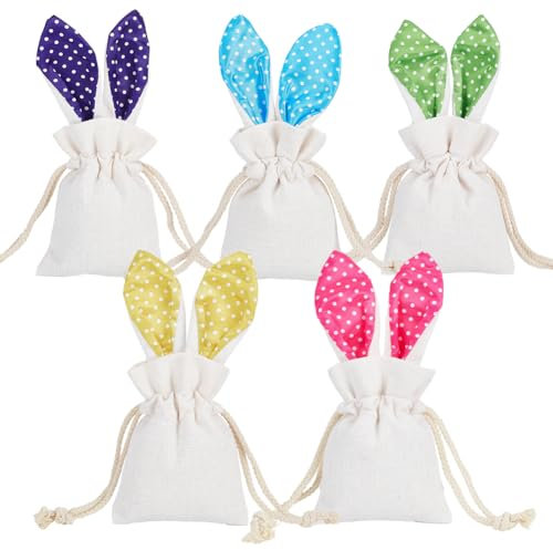 BENECREAT 5 Stück Osterhasen-Taschen, 5 Farben Jutebeutel Mit Hasenohren Kordelzug Geschenkbeutel Kaninchenleinen Jutebeutel Zum Verpacken von Geschenken, Mitbringsel, 1 Stück/Farbe