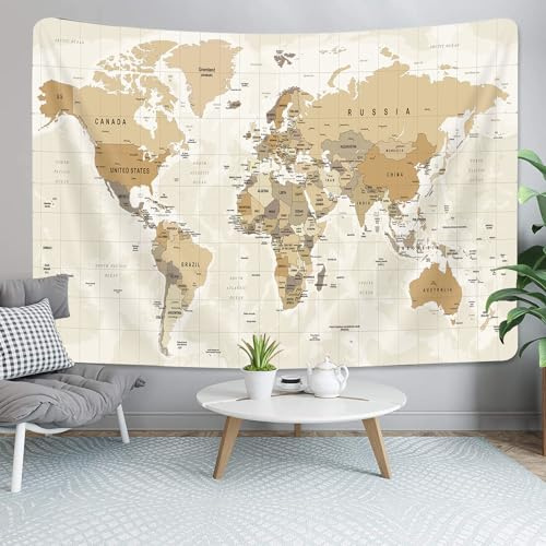 Wandteppich mit alter Weltkarte, Wandteppich für Kinder, Studenten, Vintage-Stil, Asien, Europa, Amerika, Afrika, Japan, Beige, Wandposter für Schlafzimmer, Wohnzimmer, Büro, Wanddekoration, 101,6 x