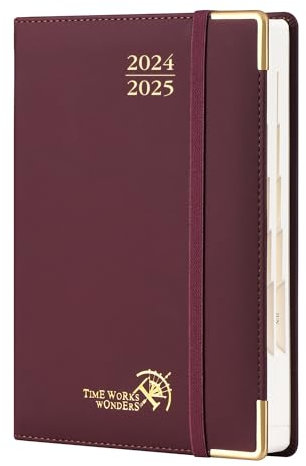 POPRUN Kalender 2024 2025 Tagesplaner 21,5 x 14,5 cm (Aug.2024-Jul.2025), Tageskalender Hardcover 1 Tag 1 Seite (Montag - Sonntag) mit PU-Leder, Monatliche Registerkarten - Weinrot