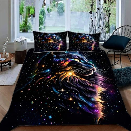 Ruiqieor Bettwäsche 155x220cm,Sternenhimmel Katze Motiv Bettwäsche Set, Flauschig Weich Bettbezüge Set,1 Bettbezug und 2 Kissenbezug 80x80 cm,3D Druck Cat Tier Muster（#5）