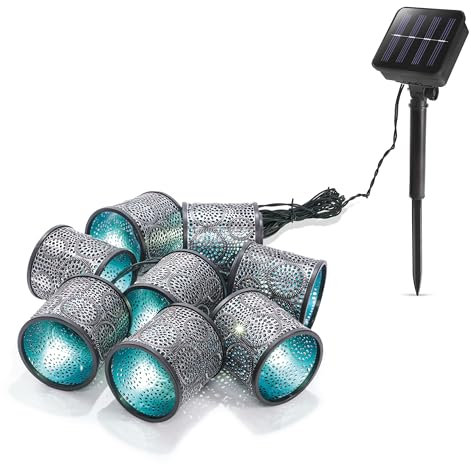 Esotec Solar Laternen lichterkette Marokko, 2 Meter, silber-eisblau, 8 LEDs neutralweiß, Akku, Solarmodul, Erdspieß, mediterran, Dekolichterkette, Kunststoff, außen, wetterfest, 102801