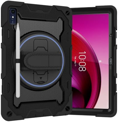 MUDASANQI Funda para tablet Lenovo Tab M10 5G de 10.6 pulgadas TB360ZU 2023, soporte elástico multiángulo + correa de mano giratoria ajustable de 360°, carcasa resistente a roturas tres en uno, a