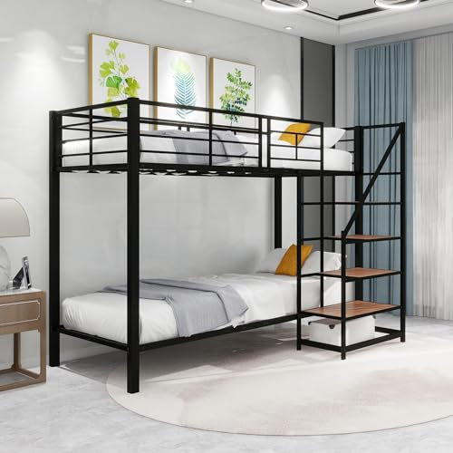 Merax Etagenbett Metall 90 x 200 cm, Multifunktionales Hochbett mit Treppe, Schwarz (ohne Matratze)
