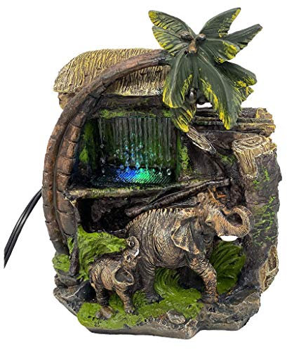 Fontaine d'eau Eléphants Tabletop Près Palmier et Tiki Hut Fontaine d'eau intérieur Chanceux Décoration Micro Paysage Humidificateur Fontaine Interieur