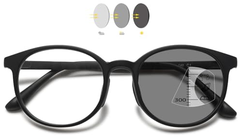 VEVESMUNDO Selbsttönende Gleitsicht Lesebrillen Blaulichtfilter Damen Herren Kunststoff Gleitsichtbrille Multifokale Progressive Runde Brillen (Schwarz, 1.5)
