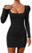 Belriviere Womens Sexy Ruched Bodycon Mini Dress Long Sleeve Square Neck Backless Club Party Cocktail Short Dresses L Black
