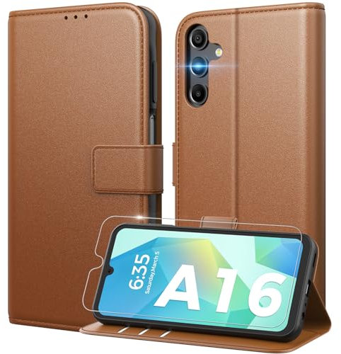Peakally Handyhülle für Samsung Galaxy A16 5G Hülle [Mit 1 Stück Panzer Schutz Glas] [Premium PU Leder] [RFID-Blockierung] [Kartenfach] Klapphülle kompatibel mit Galaxy A16 5G / A16 4G - Braun