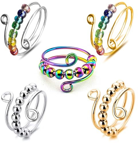 5 Stück Anxiety Ring Fidget Spielzeug,Fidget Stress Verstellbare Spinner Erwachsene Offene Anti Stress Ring für Damen Stressabbau Perlen Finger,für Bunt Perle Stimmungsring Angststörung Beruhigendes