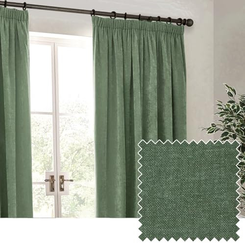 furn. Yard Heavy Chenille Pencil Pleat Curtain Pair – Lined Room Darkening Soft Velvet Curtains (Eucalyptus - Width 229 x Drop 229cm)
