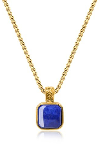 COAI Herren Edelstein Halskette mit Lapislazuli Anhänger und goldfarbener Edelstahlkette für Männer 55cm