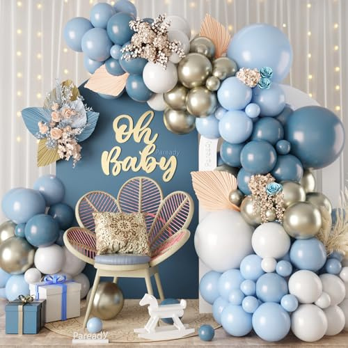 Dusty Blue Balloon Arch Kit, 120pcs Blue White Balloon Garland Kit, Metallic Sand Gold Balloons Different Sizes For Baby Shower Birthday Engagement Party Wedding Bachelorette Bridal Shower Decor