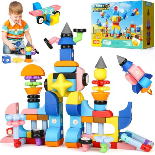 Magnetische Bausteine Spielzeug für Kinder 3-6, 100 Stück Schlossbau-Softblöcke Lernspielzeug für Kinder STEM Montessori Kinderspielzeug ab 3 4 5 6 Jahre für Jungen Mädchen, 3D Konstruktions Spielzeug
