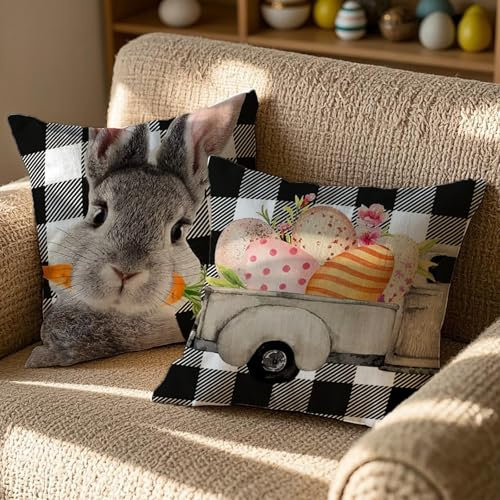 Vorysum 2er Set Ostern Kissenbezug 40x40 cm Kaninchen Osterdeko Sofakissen Ostereier Kissenbezüge Blumen Kissen Frühling Sommer Happy Easter Kissenbezug Deko Urlaubsparty Picknick Outdoor Garten