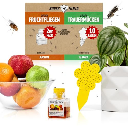 Super Ninja Fruchtfliegenfalle & Trauermücken Bekämpfen Kombi – 2 Obstfliegenfallen für Küche + 10 Gelbtafeln gegen Trauermücken, Nematodenfrei, Nicht-Toxisch, Bis zu 3 Monate Schutzg
