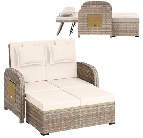 STEELSØN Polyrattan Sonnenliege Caelum, Gartenliege mit 5-Fach Verstellbarer Rückenlehne & ausklappbarer Seitenablage,Gartensofa mit Hocker für Garten, Loungebett, Doppelliege mit Auflage beige