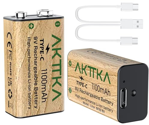 AKTTKA 2 Piles Rechargeables 9V 1100mAh, Interface USB-C, Modèle 6F22, Recharge Rapide, Adaptées Aux Guitares électriques, Détecteurs De Fumée, Microphones Sans Fil Et Petits Appareils D'éclairage LED