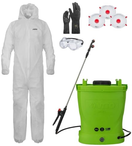 Elektrisches Drucksprühgerät mit Akku, 16 l + Einweg-Schutzanzug für den Garten + Zubehör zum Schutz und Zerstäuben