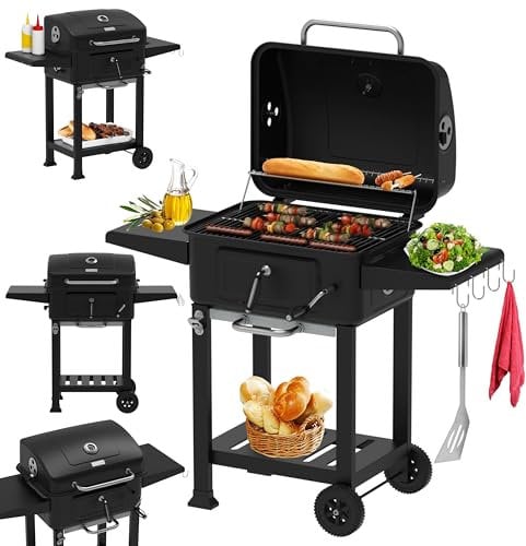 Barbecue au charbon de bois XXL avec couvercle - Grande surface de cuisson - Chariot de barbecue réglable en hauteur - Bac à charbon - Thermomètre - Plateau de rangement - Bac à cendres - Système de
