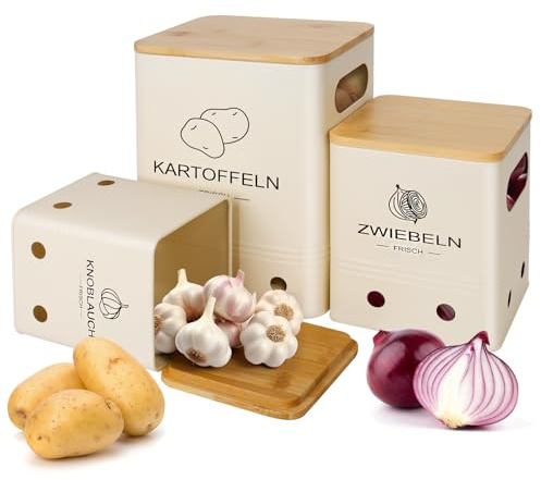 Mozvvco Caja para Guardar Patatas y Cebollas y Ajos, Juego de 3 Recipientes Patatas, Cebollas y Ajos - Almacenamiento Cocina con Tapa y Orificios de Ventilación - Organizador Cocina - Beige