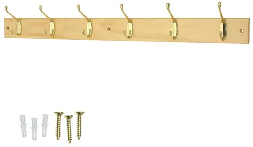 keypak Coat Rack Wall Mounted Polished Brass 6 Double Hooks Solid Pine 68cm | Wooden Backed Clothes or bag Hanger for Hallway, Bedroom, Bathroom