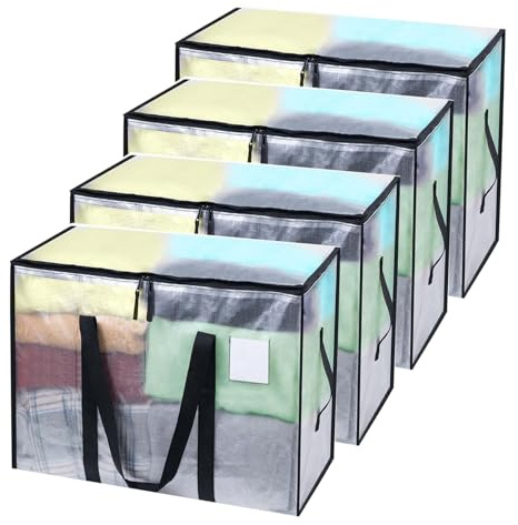 Puncools Clothes Storage Bags with Lids, 4 Pack Heavy-Duty Moving Bags for Moving, Clothes Storage, Laundry Bag, Packing, House Solutions（Transparent ）