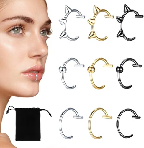 JEYORZY 9 Pièces Faux Piercing Faux Piercing, Levre Faux Septum Piercing, Nez Faux Anneau Nez Piercing Nez Anneaux Ensemble, Boucle D'oreille, Argent, Noir, Or