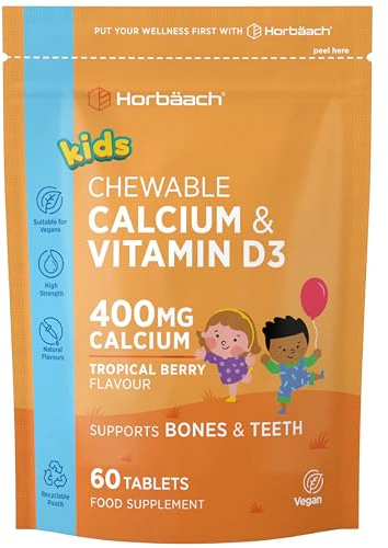 Calcium and Vitamin D Chewable Tablets for Kids | 60 Count | 400mg of Calcium and 100IU of Vitamin D3 | Tropical Berry Flavoured Tablets for Children Aged 4+ | Vegan | by Horbaach