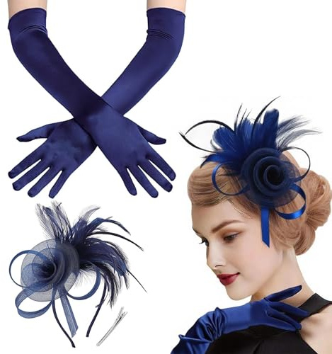 Navy Blue Fascinators, Elegant Lace Feather Fascinators with Elbow Gloves