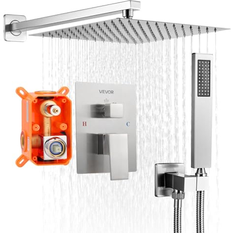 VEVOR Set Doccia, Sistema Doccia a Pioggia per Bagno con Soffione Quadrato da 30,5 cm e Doccetta, Accessori per Vasca da Parete con Valvola in Ottone e Kit di Finitura, Nichel Spazzolato