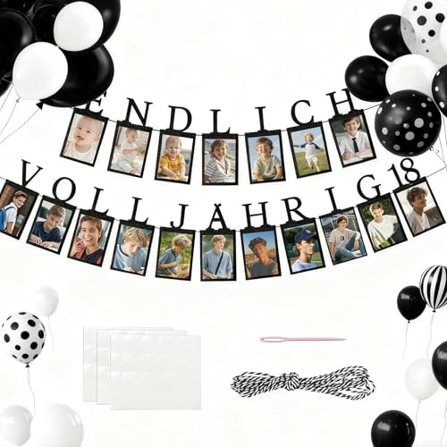Euablfo 18. Geburtstag Girlande, Fotogirlande zum 18. Geburtstag, 1 bis 18 Jahre Fotos, 18 Glitzerkarten, Torten Deko Meilensteine Geburtstagsdeko 18 Junge Geburtstagsparty Dekoration (BlackFlag)
