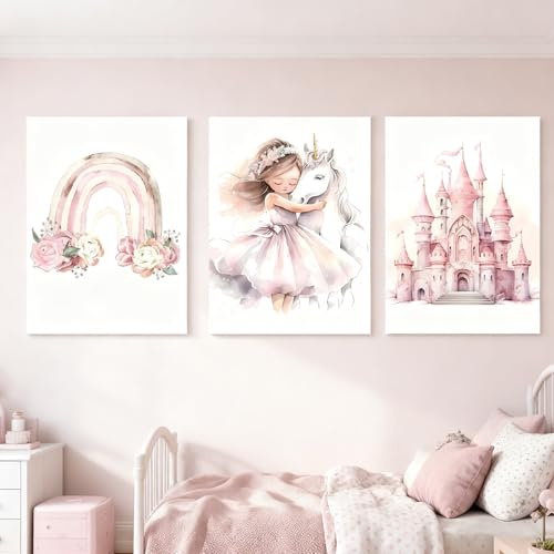 Zamety 3er Bilder Kinderzimmer Mädchen Rosa Prinzessin 21x30cm Ohne Rahmen | Poster Kinderzimmer, Einhorn Schloss und Regenbogen Bilder Babyzimmer, Ohne Rahmen
