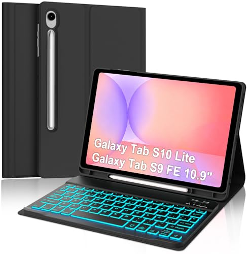 IVEOPPE Funda con Teclado para Samsung Galaxy Tab S10 lite/S10 FE/S9 FE 10.9/S9 11, QWERTY Español Ñ, Retroiluminado de 7 Colores Bluetooth Magnéticamente Teclado con Portalápices, Negro