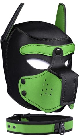 Welpen-Kapuze, Neopren-Welpenmaske mit abnehmbarem Maulkorb und Halsband, volles Hundegesicht (9 Farben) (Grün)
