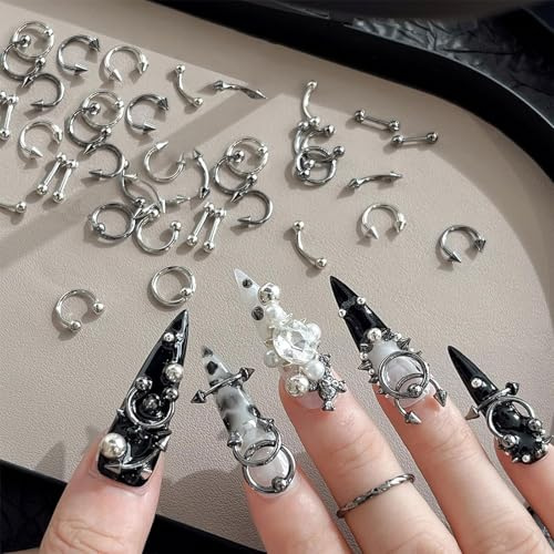 TESGADGETS 60 Pieces Metal Studs Punk Charms, Alloy Nails for DIY Manicure, Piercing Ring, Pendant for Nail Art, Ear Studs and Studs as Nail Design Accessories