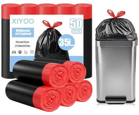 XIYOO Müllbeutel 35L mit Zugband Schwarz Mülltüten Reißfest Müllsäcke 50 Stück Abfallbeutel mit Tragegriff Eignet sich für 30-40-Liter-Mülltonnen