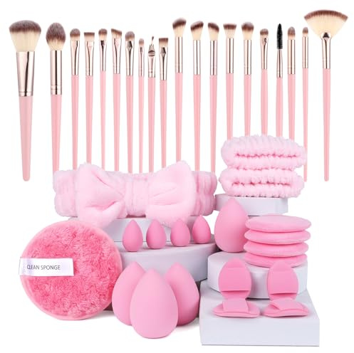Vicloon Set Pennelli Make up,Kit di 40 strumenti per il trucco di 20 pennelli da trucco e spugne per il trucco,strumenti per il trucco,fasce capelli 2 braccialetti,per fondotinta,palpebra,cipria