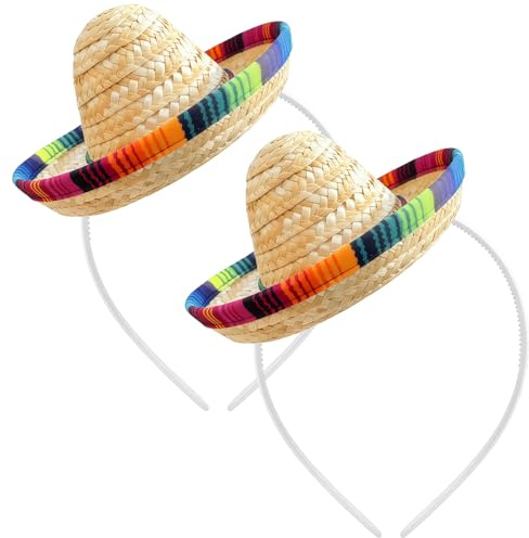 HAICN 2pcs Mexican Hawaiian Blend Mini Sombrero Top Hat Headbands Straw Mexican Sombrero Hats Cinco De Mayo Sombrero Hat Headwear for Mexican Themed Party Decorations Birthday Party Supplies