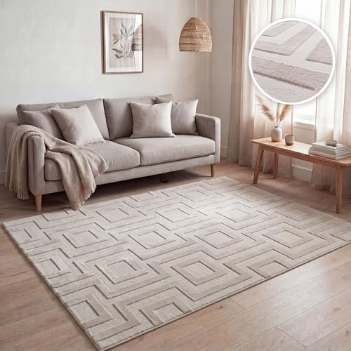 Paco Home Kurzflor Teppich Wohnzimmer, Moderne geometrisch abstrakte Muster, 3D-Effekt, Klassisch Skandi Stil, Unicolor einfarbig Beige, Grösse:200x280 cm