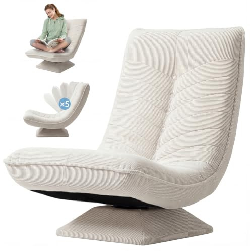 Asukale Sessel Wohnzimmer Bodenstuhl 360° Drehbar, Montagefrei, Beige Cord | Verstellbarer Rückenlehne, Klappbar, Belastbar bis 150 kg, 60 x 105 x 87 cm, Ideal als Gaming Sessel oder Lesesessel